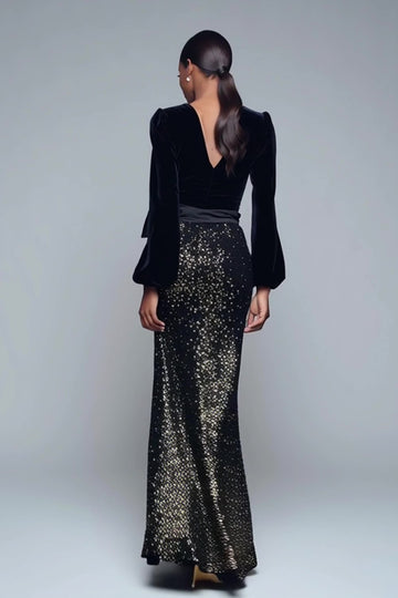 Robe longue formelle à col en V à paillettes sirène noire scintillante avec nœud